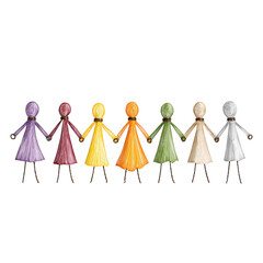 Watercolor rainbow colored paper doll figures holding hands on white background