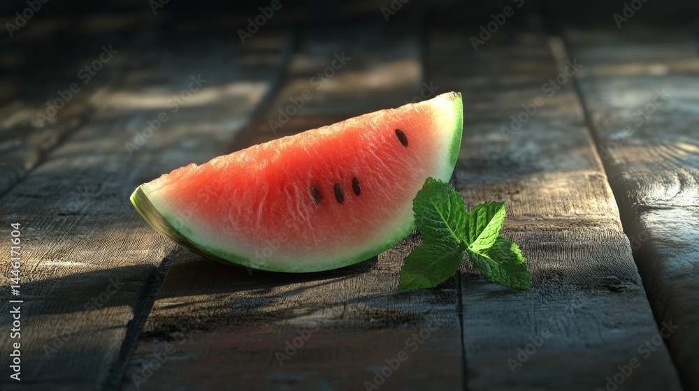 Poster fresh watermelon slice garnished with mint leaves on rustic wooden table creating a refreshing mood 