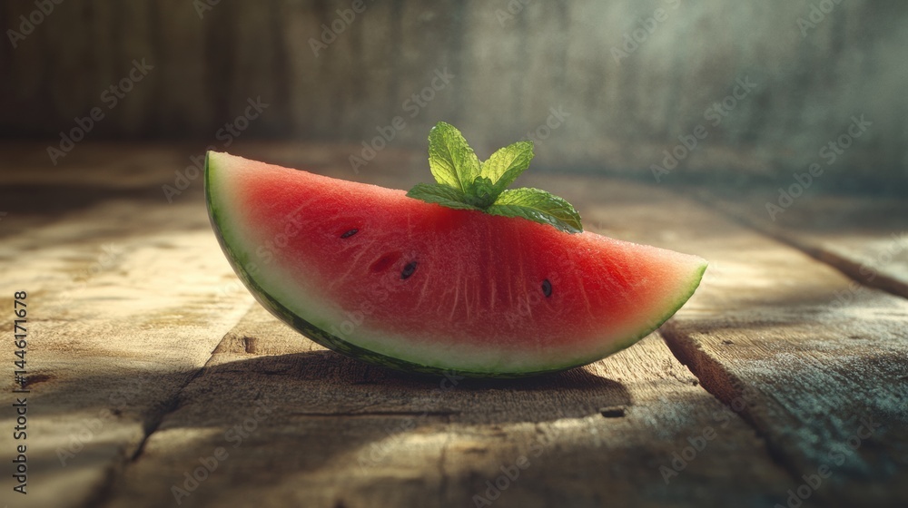 Poster fresh slice of watermelon with mint on rustic wooden table creating a refreshing atmosphere in soft 