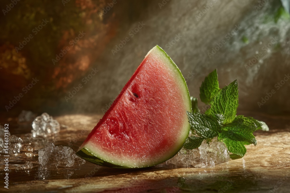 Poster fresh slice of watermelon garnished with mint on a rustic wooden table under soft light creating a r