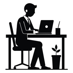 Silhouette Person Working On Laptop At Desk With Plant And Drink In Office Room