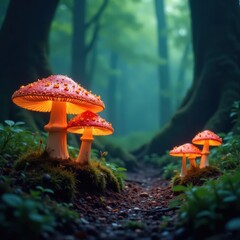 Forest floor with glowing mushrooms and vines, textures, moss, fungi