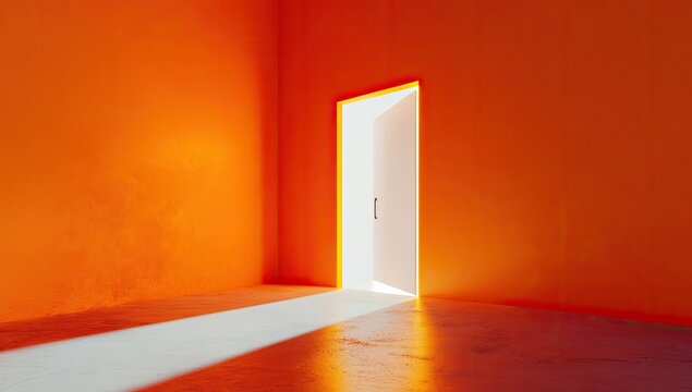 A bright white door in a bold orange room, casting a stark shadow.  A simple, minimalist scene of possibility and light