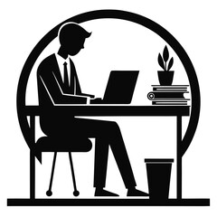 Silhouette Man at Desk Using Laptop Surrounded by Circle, Books, Plant, Wastebasket
