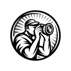 Photographer With Camera Pointing, Circle Badge, Black And White Retro Style, Monoline