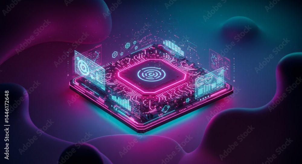 Poster core processing unit - futuristic illustration of a central processing unit with vibrant neon pink a