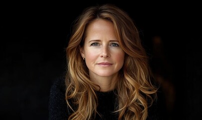 Fototapeta premium Woman, blonde hair, portrait, dark background, headshot, professional use