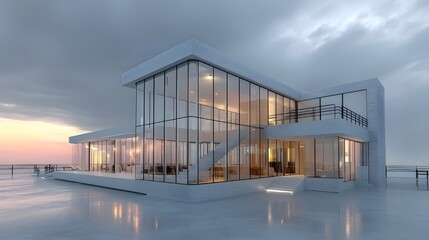 Obraz premium Experience Ultimate 3D Contemporary Penthouse with Glass Walls Overlooking City Skyline for Luxury Modern Living