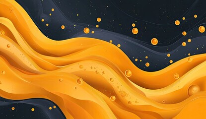 Dynamic, flowing, golden liquid waves over a dark backdrop, dotted with small bubbles