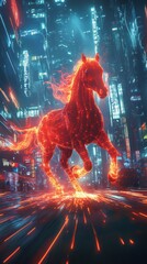 Futuristic red fire horse galloping through neon-lit cityscape, featuring dynamic flames and vector graphics design for a visually striking experience