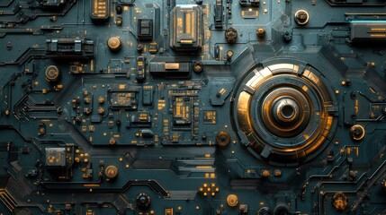 Fototapeta premium Intricate circuit board teal and gold technology design