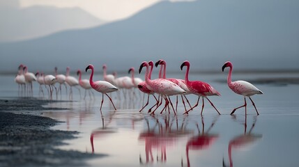 Fototapeta premium Flock of flamingos walking in the distance across a serene wetland landscape