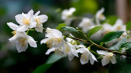 Obraz premium Delicate white jasmine flowers blooming close-up with soft petals and fragrant elegance