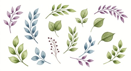 Naklejka premium Watercolor painting of leaves and stems of various shapes and sizes on white background.