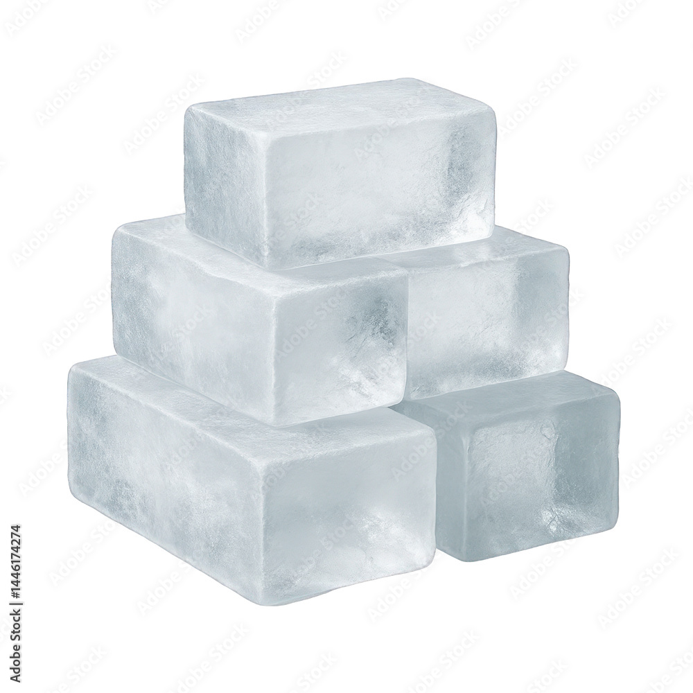 Poster stack of five solid rectangular blocks of frozen water, exhibiting cool translucent frosty textures.
