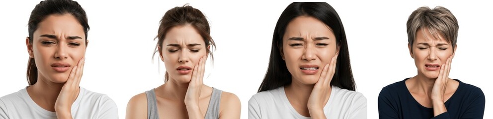 Set Of Woman Holding Her Cheek woman suffering from Toothache Pain Isolated on transparent background,, , tooth decay, tooth sensitivity, wisdom tooth pain, cavity, dental care concept, PNG