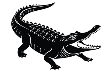 Crocodile Black Silhouette, Reptile with Open Mouth, Scales, and Teeth Isolated on White