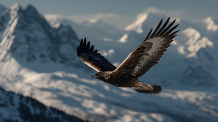 Golden Eagle in Majestic Flight Above Snow-Capped Mountains Exemplifies Freedom Power and Wild Alpine Majesty