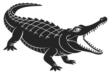 Alligator Silhouette with Open Mouth, Sharp Teeth, Detailed Scales Black on White