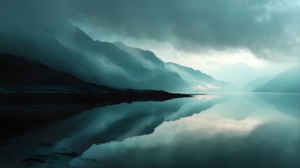 Fototapeta premium Swirling Misty Clouds Over Calm Lake in Minimalist Setting Convey Dreamy Reflection and Atmospheric Stillness