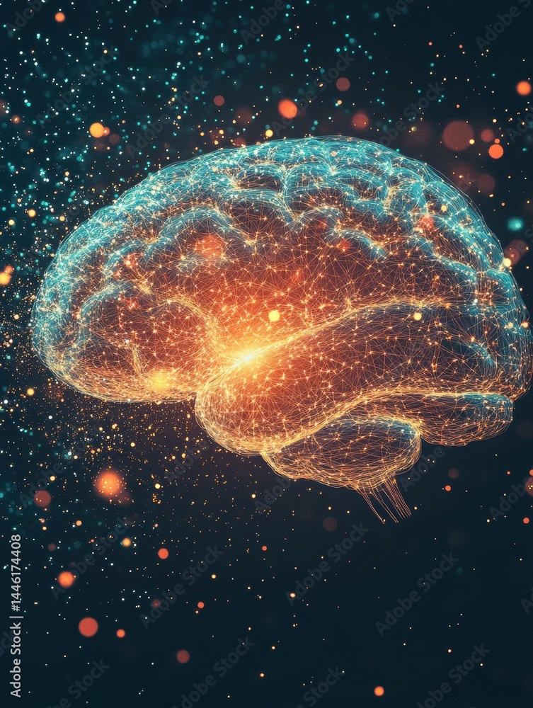 Aufkleber dynamic composition of a glowing digital brain formed by particles of light in dark space with ample