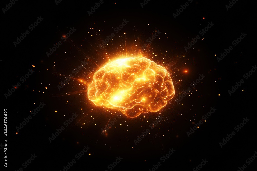 Poster glowing digital brain consisting of luminous particles in dark space inviting innovative thought and