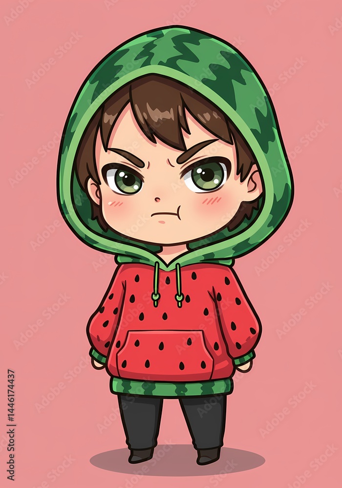Aufkleber whimsical watermelon-themed character with charming expressions and playful attire against a soft pi