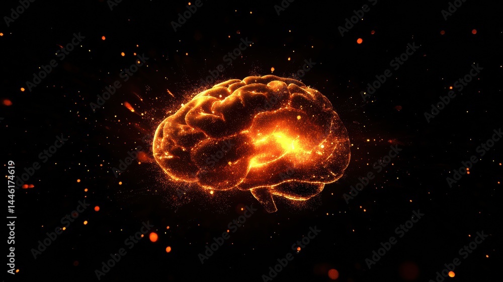 Poster glowing digital brain made of particles in a dark space with room for text in thirds