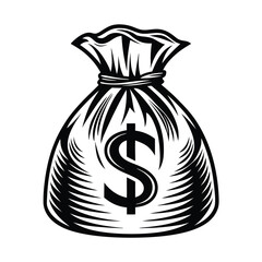 Black and White Icon Design Money Bag with Dollar Sign, VintageInspired, Outline Style
