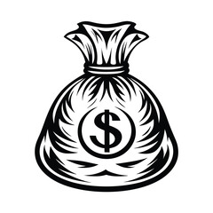 Black and White Money Bag Icon with Dollar Sign Design on Isolated Backdrop