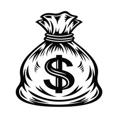 Black and White of Tied Sack with Dollar Symbol in the Center