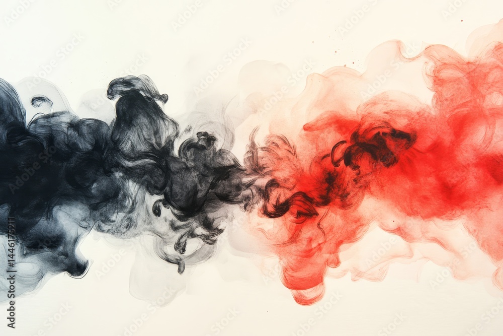 Poster abstract ink swirl design - dynamic abstract featuring swirling black and red ink in motion against 