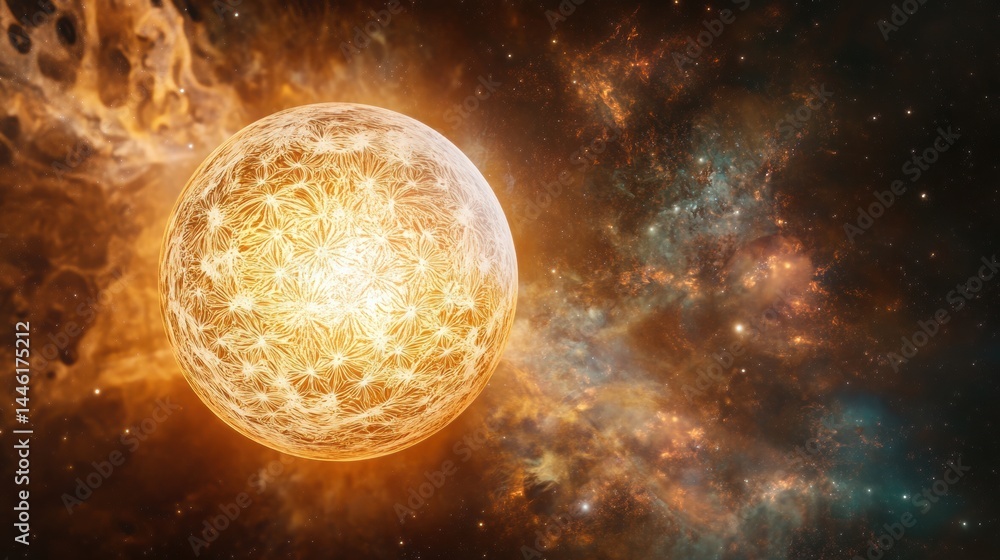 Poster glowing quantum ai sphere floats in cosmic space with intricate energy patterns aligned to the golde