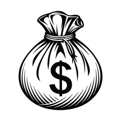 Black & White Money Bag Icon with Dollar Sign Isolated, Simple Design Element Art