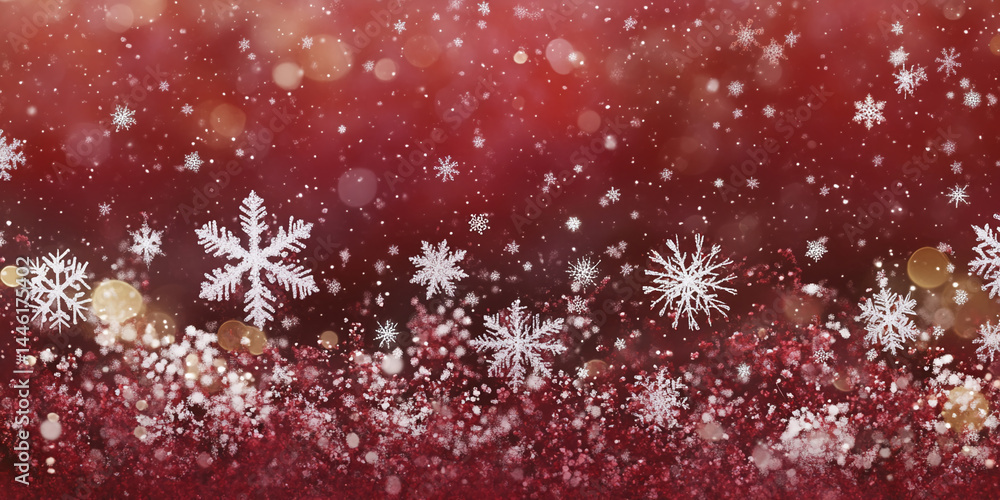 Poster red background with white snowflakes and bokeh, creating a festive winter scene, symbolizing christm