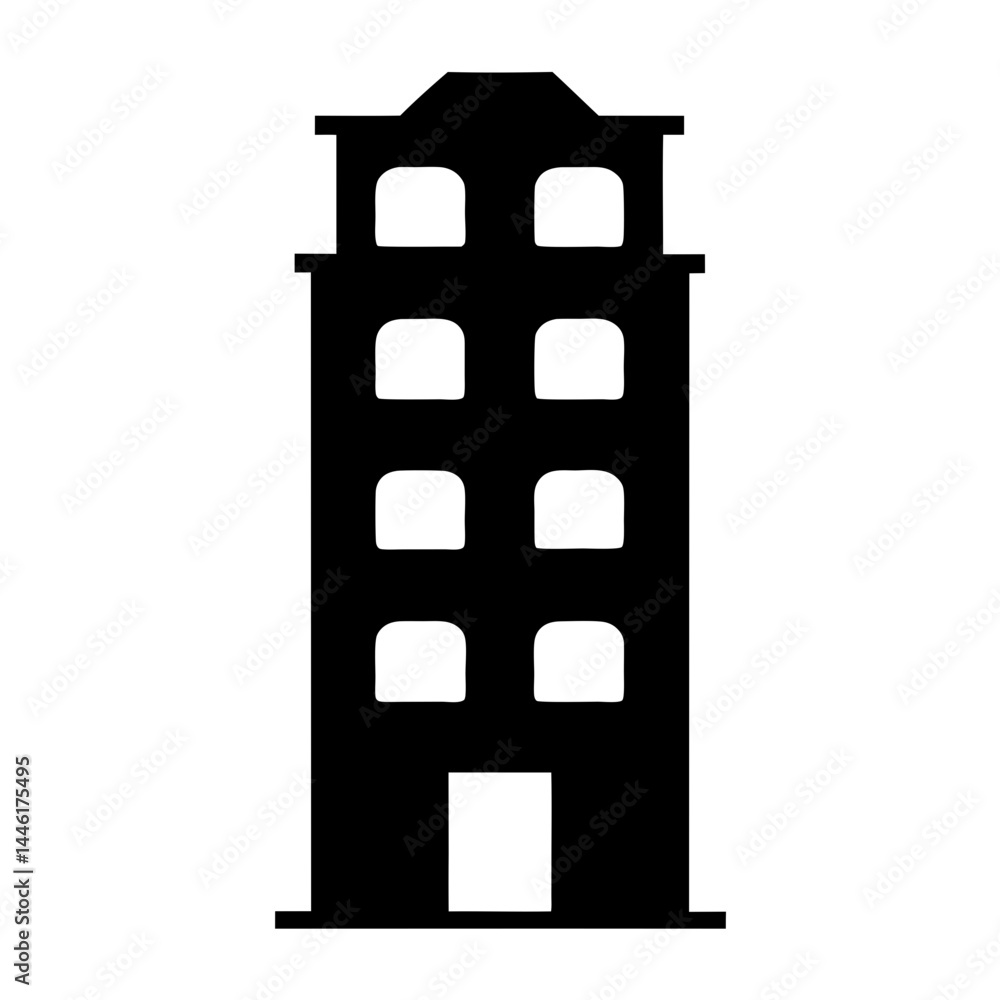 Poster black and white building silhouette with symmetrical window pattern design