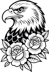 Naklejka premium bald eagle tattoo. Color bald eagle head with roses tattoo illustration. Vintage-style vector illustration of a bald eagle head with two red roses, designed in traditional American tattoo 