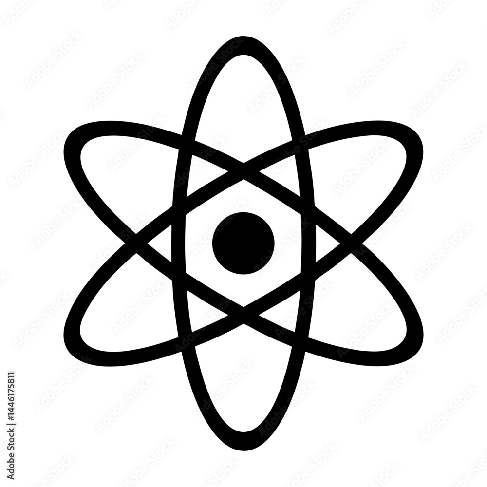 Poster atom symbol with electron orbits in black on a white background