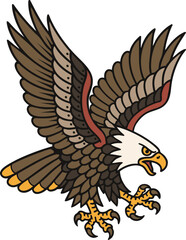 bald eagle tattoo. Color traditional bald eagle tattoo illustration. Vintage-style vector illustration of a bald eagle in flight with open claws, designed in classic American tattoo colors