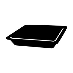 Black and white image of a shallow rectangular food container
