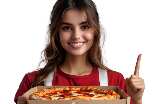 Female pizza delivery person holding fast food making a victory sign with two fingers isolated on a transparent background PNG