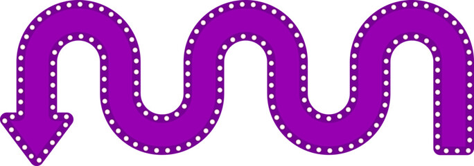 Wavy graphic arrow, in the shape of a retro panel with circles of lamps around, to point out elements of the graphic composition