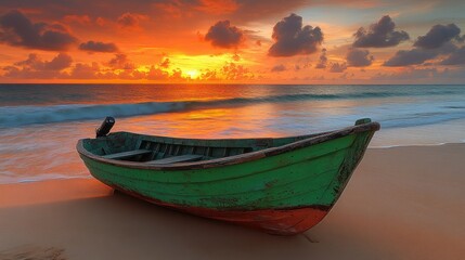 Naklejka premium Sunset tranquility on a beach with a small fishing boat