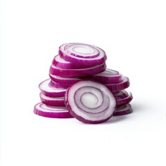 Red onion slices stacked isolated on white background
