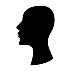 Silhouette of a head in profile on a plain white background showing features