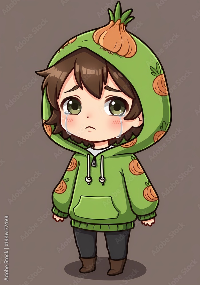 Poster expressive cartoon character with onion hoodie depicting sadness and vulnerability in animated style