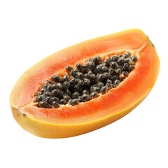 Fresh half of ripe papaya fruit with seeds displayed on a clean transparent background, Half of ripe papaya fruit isolated on transparent background