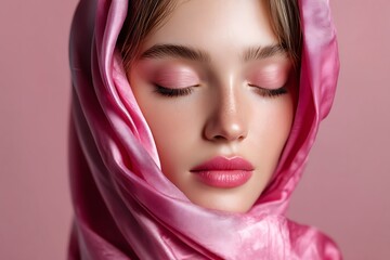 Naklejka premium A serene beauty A woman's face in pink silk fabric, isolated on a diffrent collers background, capturing elegance and tranquility.