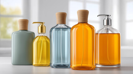 Glass bottles in modern style in various colors for cosmetics