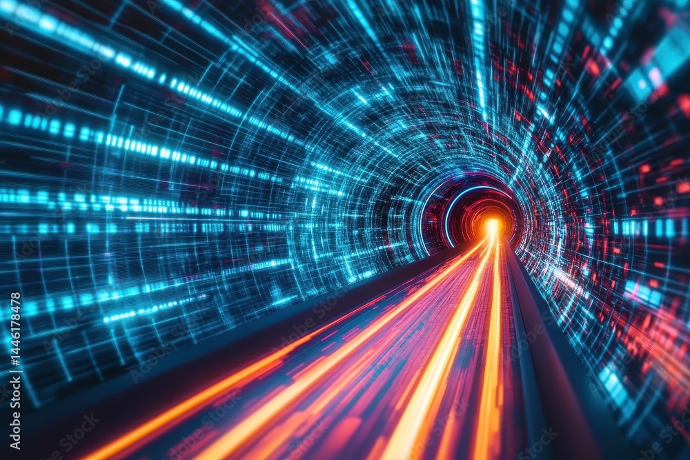 Poster neon digital tunnel with vibrant shapes moving rapidly, neon digital tunnel over shapes moving